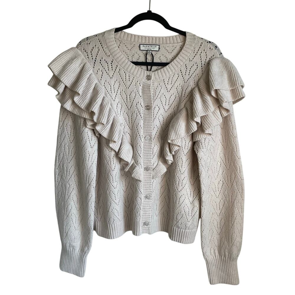 Bagatelle NWOT Cardigan Sweater Pointelle Ruffled Sz XL Feminine Cottagecore